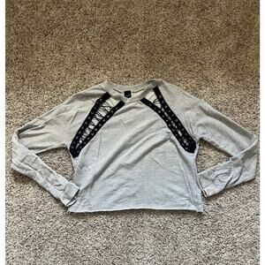 Cropped Sweater Large Long Sleeve Lace-Up Gray Crew Neck Grunge 90s Corset Y2K